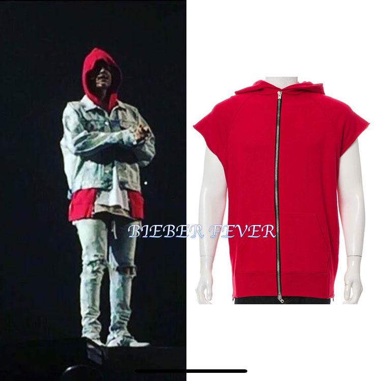 Justin Bieber Same Style Non-Fog Trendy Sleeveless Red Zip-Up Hoodie