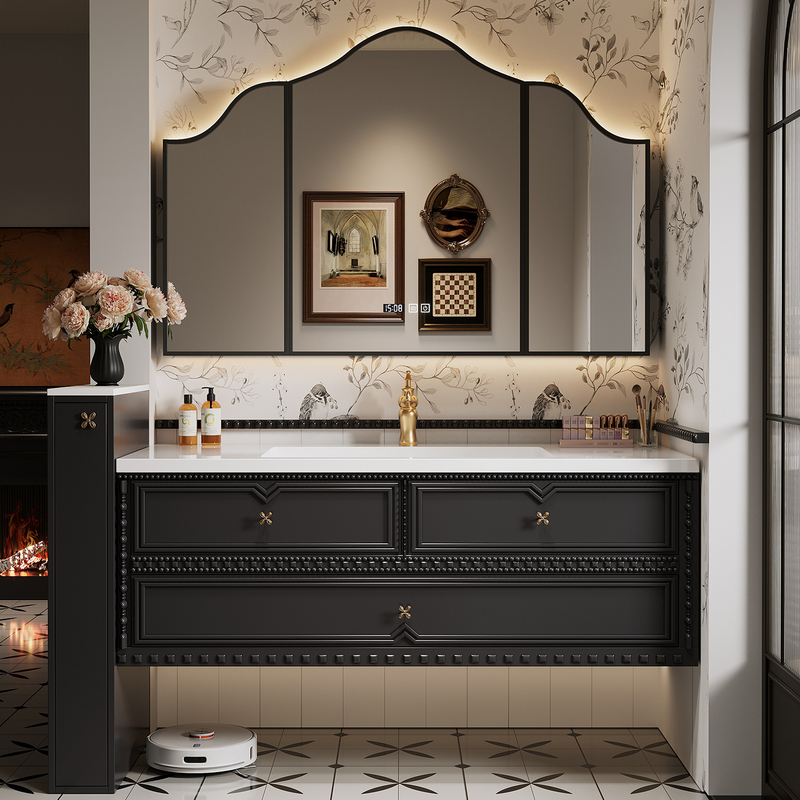 French-Style Vintage Oak Bathroom Cabinet Set with Wall Cabinet, Integrated Rock Slab and Hot-Bent Ceramic Washbasin Sink