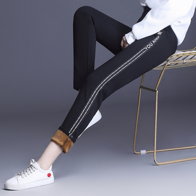 Plus velvet sports pants women's outer wear winter loose elastic trendy alphabet casual pants women's drawstring slim slim trousers