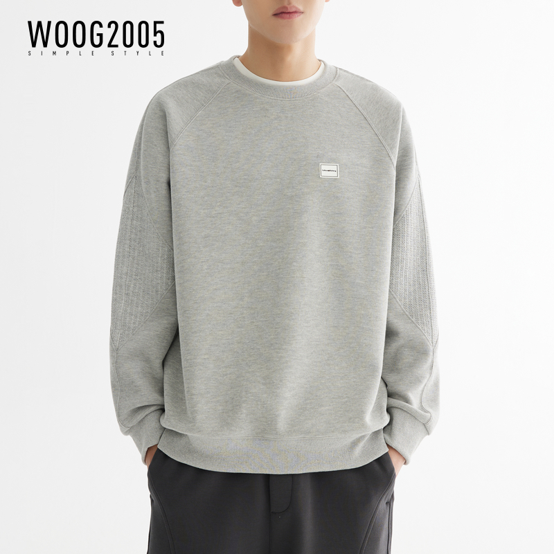 WOOG2005 ラウンドネック グレー スプライシング 長袖 スウェットシャツ メンズ 2025 春秋 新作 ややゆったり カジュアル プルオーバー トップス