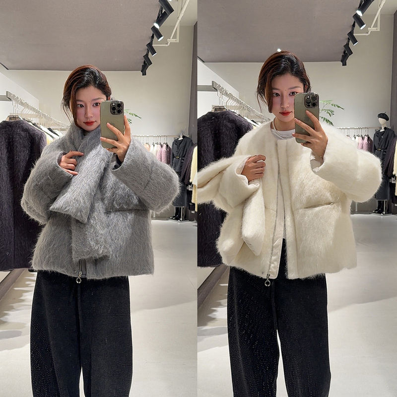 Double Buff 90 White Goose down Wool Cashmere Brushed Neck Warmer Round Neck Luxurious Warm down Jacket Coat