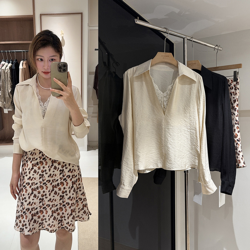 Lace Lining, Deep V-Neck, Textured Ruched Pearlescent Long-Sleeve Pullover Shirt with a Layered Look
