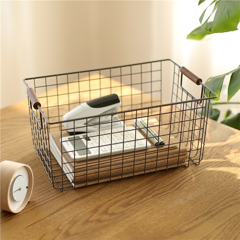 Retro wrought iron storage basket desktop iron frame books snack storage basket home groceries sundries storage basket with handle