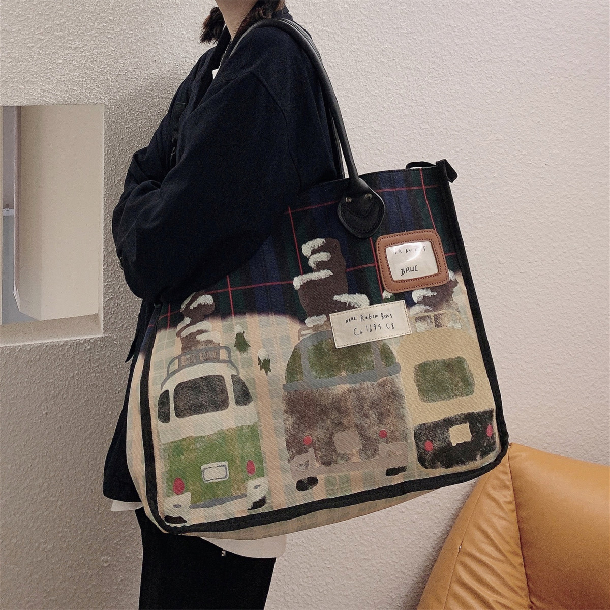 Japan Hirata and macro canvas tote bag retro hand-painted graffiti watercolor letters men and women shoulder handbag