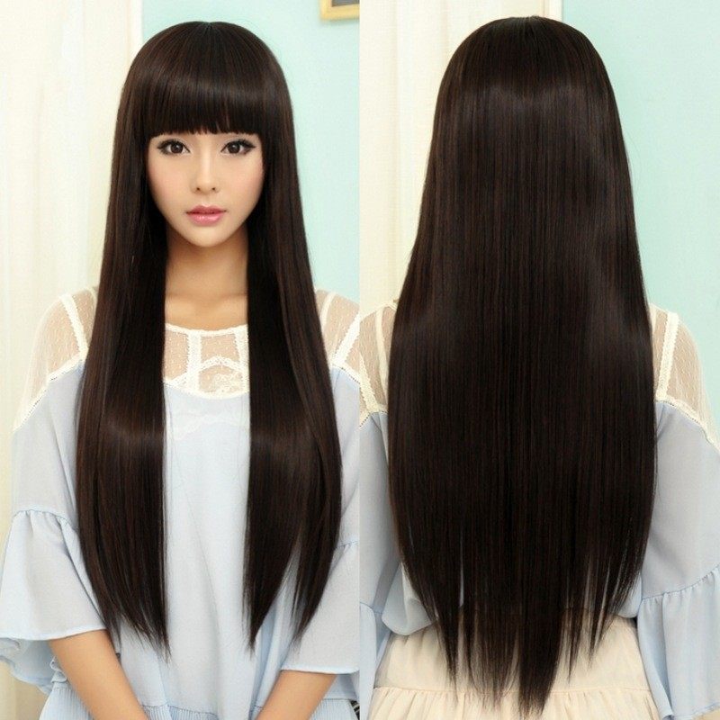 Wig woman straight hair net red black invisible hair long hair round face naturally flush full head hair set