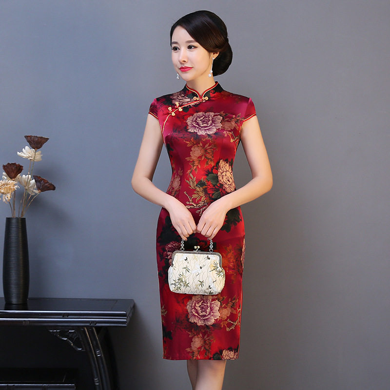 Peony red silk cheongsam Medium long mulberry silk cheongsam Wedding wedding mother cheongsam large size summer dress