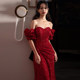 One-shoulder red sequined bride's toast dress temperament light luxury high-end sense engagement wedding banquet host evening dress