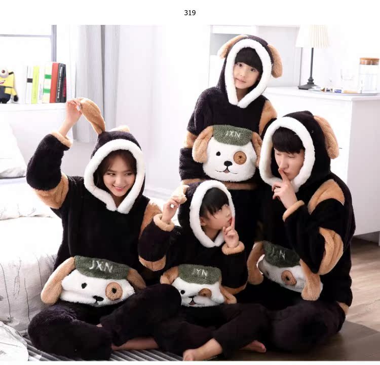 Mùa đông dày sang trọng phim hoạt hình cha mẹ trẻ em đồ ngủ trùm đầu cộng với nhung trẻ em san hô lông cừu gia đình ba bộ quần áo bộ pijama