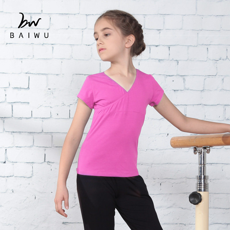 Baiwu Dance Garden short-sleeved children's dance tops cotton V-neck dance tops girls' training clothes