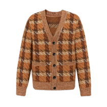 DEEP BREATH Take a deep breath brother is really good. Plaid color block V-neck long-sleeved knitted cardigan for women A401201