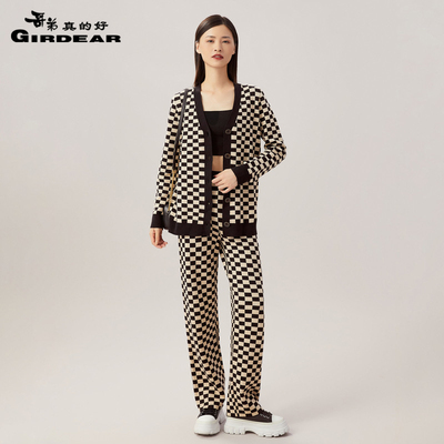 taobao agent Brother is really good 2023 Autumn checkerboard grid knitted cardigan long pants casual set A400821-A100207