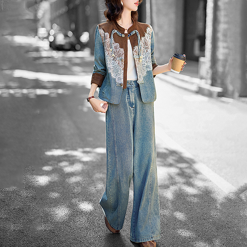 Gifishlow Hong Kong High-End Elegant Women's Long-Sleeved Cardigan Denim Suit Chinese-Style Straight Anti-Wrinkle Two-Piece Set