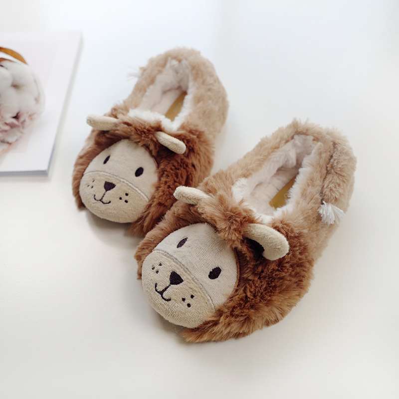 Winter New Pint Imitation Rabbit Suede Soft Slide Little Lion Kids Bag Heel Cotton Shoes Three-dimensional Baby Cotton Shoes
