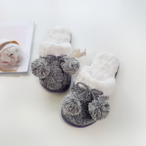 Winter Classic Grey Hemp Flower Knit Wool Thread Ball Autumn Winter Warm Cotton Slippers Retro Coarse Wool Line Indoor slippers