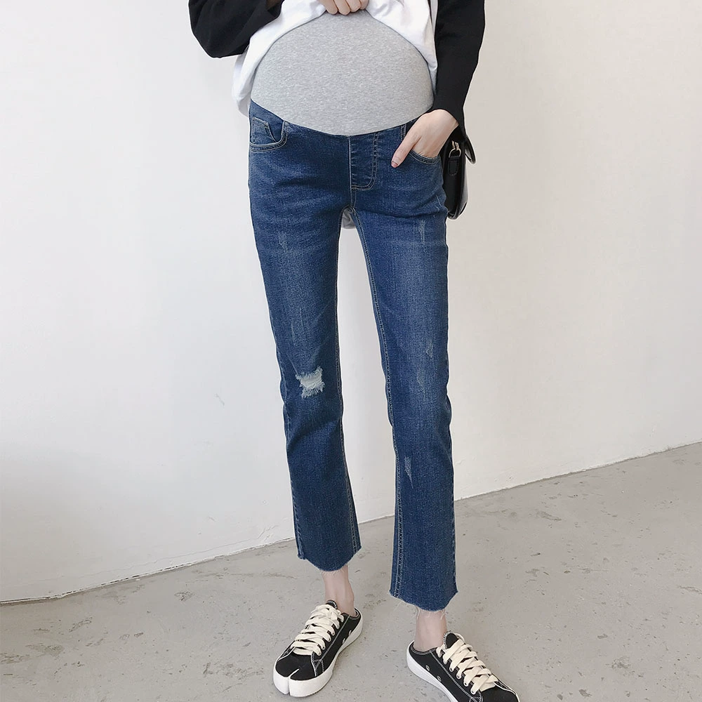 Quần bà bầu mặc ngoài kèn lỗ phụ nữ mang thai quần jeans mùa thu mẹ mùa xuân và quần mùa thu chín điểm quần chân rộng - Phụ nữ mang thai quần / quần bụng