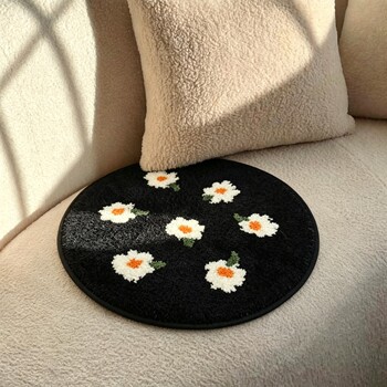 Black daisy round flocked floor mat retro ins style bedroom bedside living room non-slip carpet cushion chair cushion