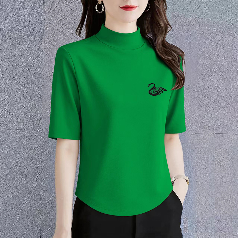 Green Simple Half-High Collar Ice Silk Five-Quarter Sleeve T-Shirt for Women, Loose Fit, Printed, Age-Reducing, Round Neck, Short Sleeve Top Green Simple Half-High Collar Ice Silk Five-Quarter Sleeve T-Shirt for Women, Loose Fit, Printed, Age-Reducing, Round Neck, Short Sleeve Top