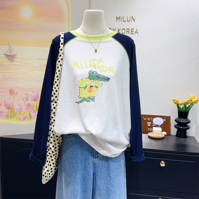 Fun Little Crocodile~ Korean Order Style Age-Reducing Color-Block Long-Sleeve T-Shirt, Thin Sun-Protective Shirt, Loose Fit, Plus Size, Slimming Effect