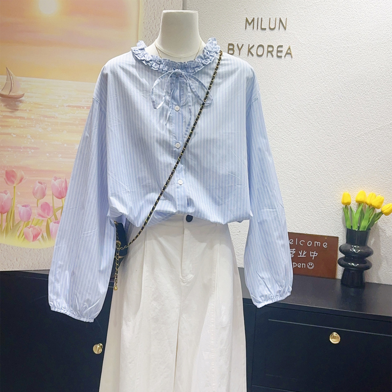 Romantic Blue Striped Shirt~ Korean Style Ruffled Collar with Bow, Loose Top for Petite Figures, Layering, Plus Size