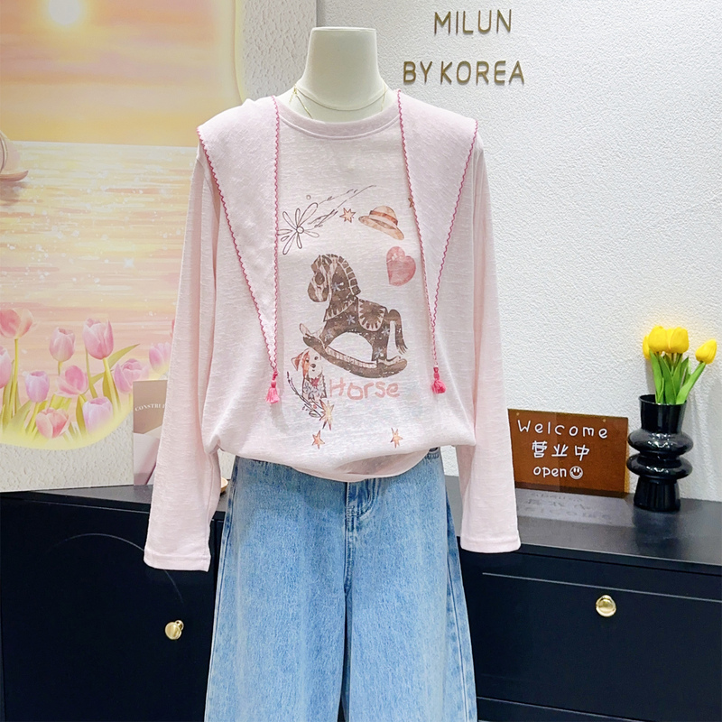 Fresh and Sweet Literary Style ~ Design-Inspired Wooden Horse Print Pink Long-Sleeved T-Shirt with Sun Protection + Tassel Shawl