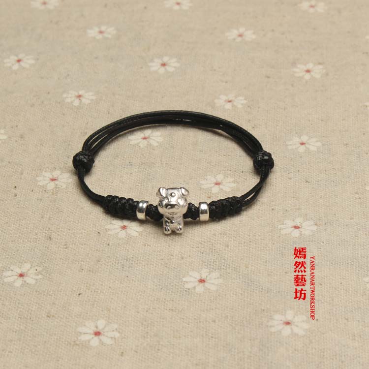 S999 sterling bạc 3D cộng với bạc cứng cung hoàng đạo lợn đỏ dây đeo vòng chân đôi chân đỏ dây thừng tay dây nam và nữ năm lắc chân nữ