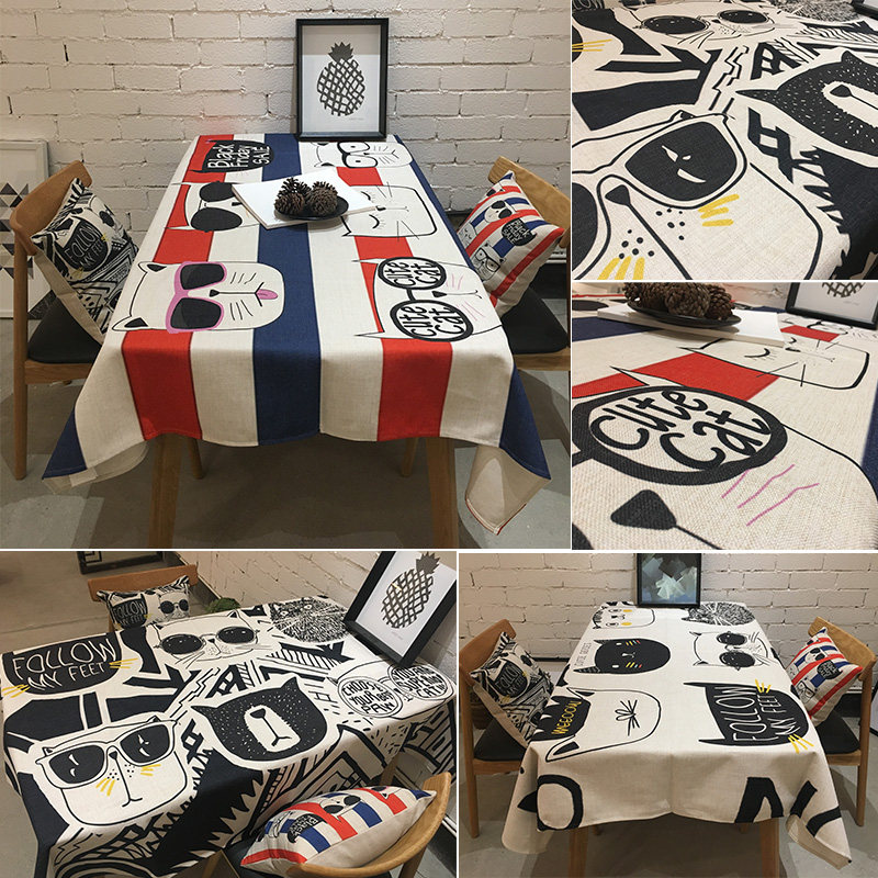 Cartoon kitty cotton linen tablecloths Japan-Japan-South Korea Wind Heavy Thick Solid Table Cloth Table Cloth Tide rectangular small round table cover towels