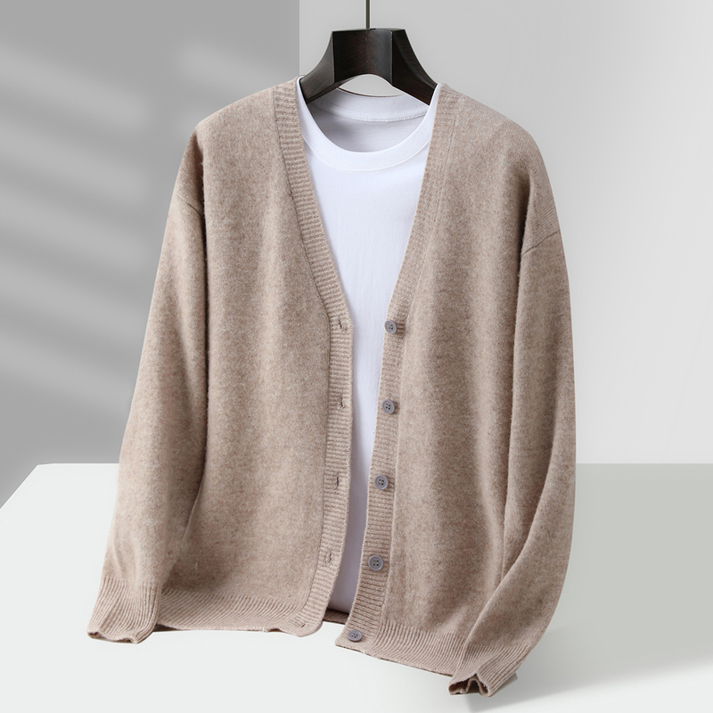 New Autumn and Winter 100% Pure Wool Cardigan Men's V Neck Thickeneded Sweater Casual Business Loose Knitted Cashmere Jacket