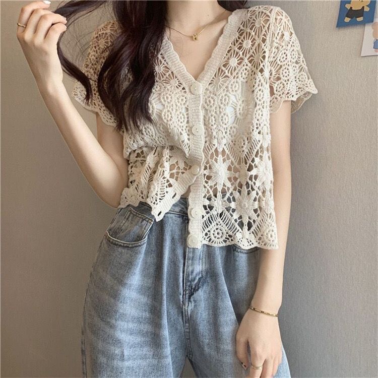 Crochet Hollow-Out V-Neck Lace Design Knit Top, Bohemian Style Layered Cover-Up, Outer Layering Shirt