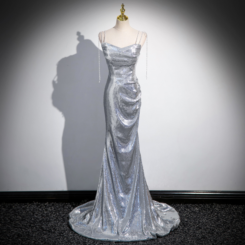 Silver Sequin Fishtail Evening Dress for Women, High-End Feel, Annual Meeting Host, Trailing Train, Beautiful Voice Solo, Vocal Arts Exam, Elegant