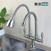 Single-hole single-cold double-pipe kitchen faucet double water outlet brushed vegetable basin kitchen faucet rotatable sink faucet