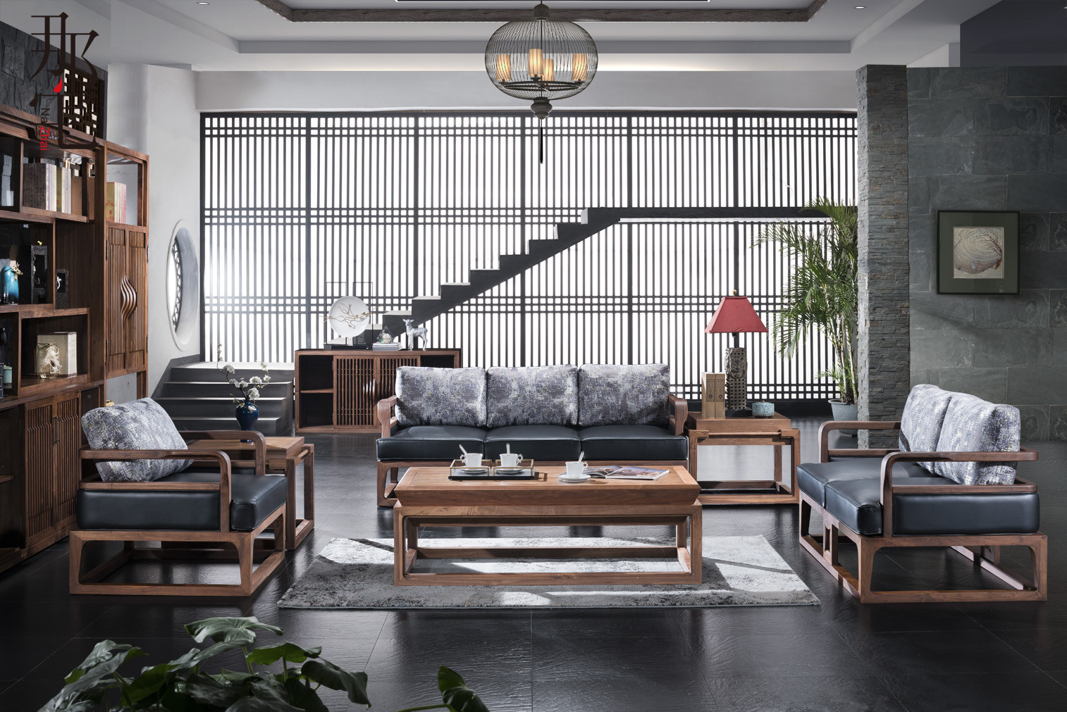 New Chinese Living Room Cloth Art Sofa Combination Brief Solid Wood Modern Chinese Office Leather Art Sofa Furniture Custom