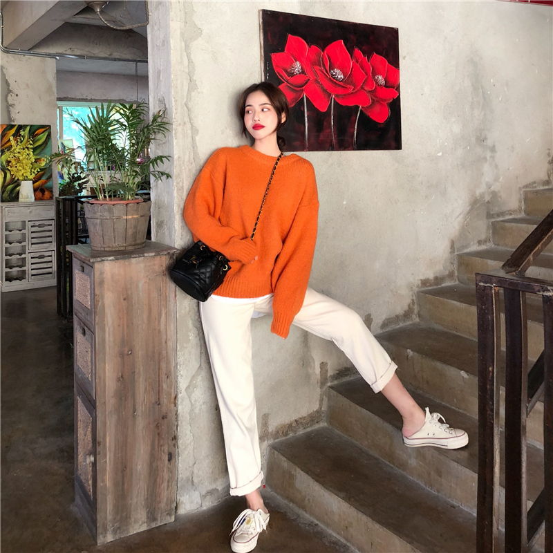 Thick Orange Sweater for Women, Loose and Lazy Style, Chunky Knit, Orange Pullover for Outerwear, Autumn and Winter 2025 New Model