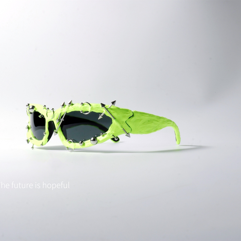Rock Style Special-Shaped Rivet Sunglasses Uv400 Anti-Ultraviolet Contrasting Color Niche Punk Fluorescent Green Sunglasses
