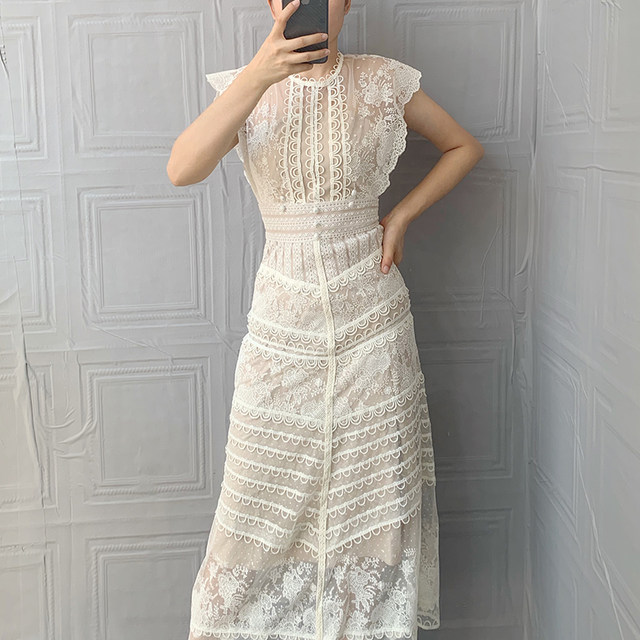 Niche design sense dress skirt high waist spring new heavy holiday skirt flower lace temperament embroidery court dress