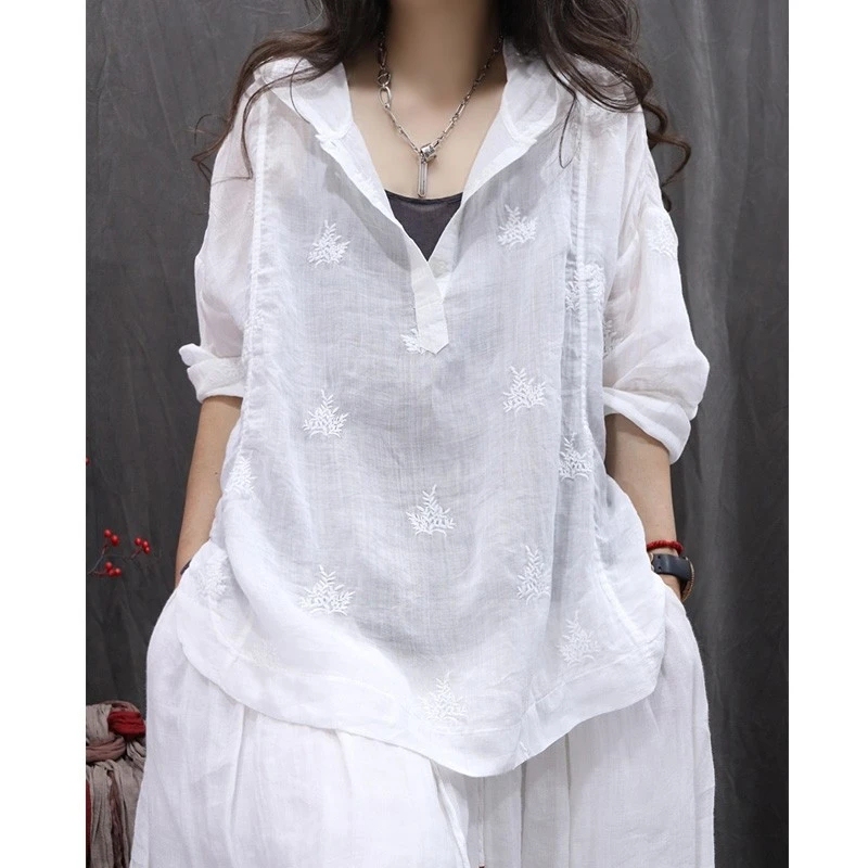 Cotton and Linen Women's Clothing 2026 Ramie Embroidered Loose Oversized Hooded Sun Protection Shirt, Stylish Versatile Casual Shirt