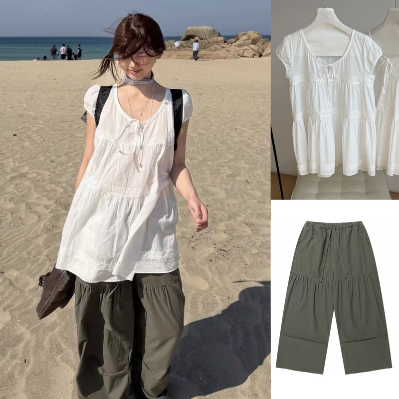 Tops Are Here! Lillycotts Lace-Up Semi-Sheer Mid-Length Layered Dress Babydoll Top/Workwear Umbrella Pants