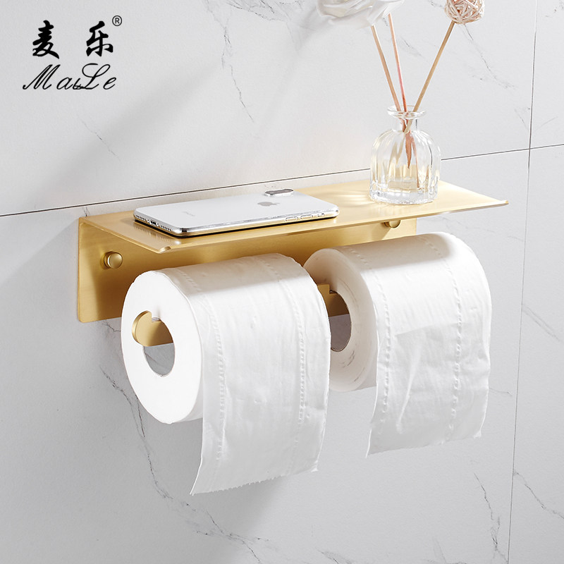 Nordic powder room double roll toilet paper rack Punch-free toilet paper Mobile phone shelf Brushed gold toilet paper toilet tissue box