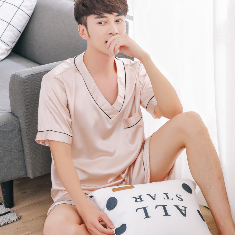 Bộ đồ ngủ mùa hè mens quần short băng mỏng đồ ngủ lụa mens cỡ lớn lụa tơ tằm mặc nhà phù hợp.