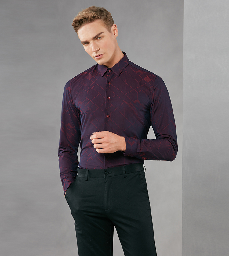 Gfirs / Shanshan 2018 mùa thu mới hình học jacquard thời trang cổ áo vuông kinh doanh Slim trẻ trung áo dài tay thủy triều sơ mi trắng nam