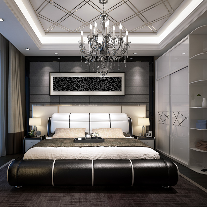 Maryna Modern Minimalist Bedroom Wedding Room Furniture Set Combination Leather Art Soft Bed Retractable Dressing Table Sliding Door Wardrobe