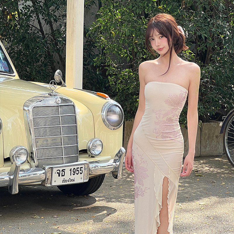 Dreamynerd Jasmine White Tea Rhinestone Strapless Dress Women's Summer Design Sense Elegant Slit Bodycon Long Dress