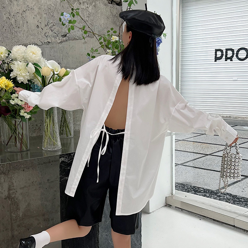 White Shirt Women's Back Slit Lace up 2025 New Autum Versatile Loose Long-Sleeved Retro Top for Small People