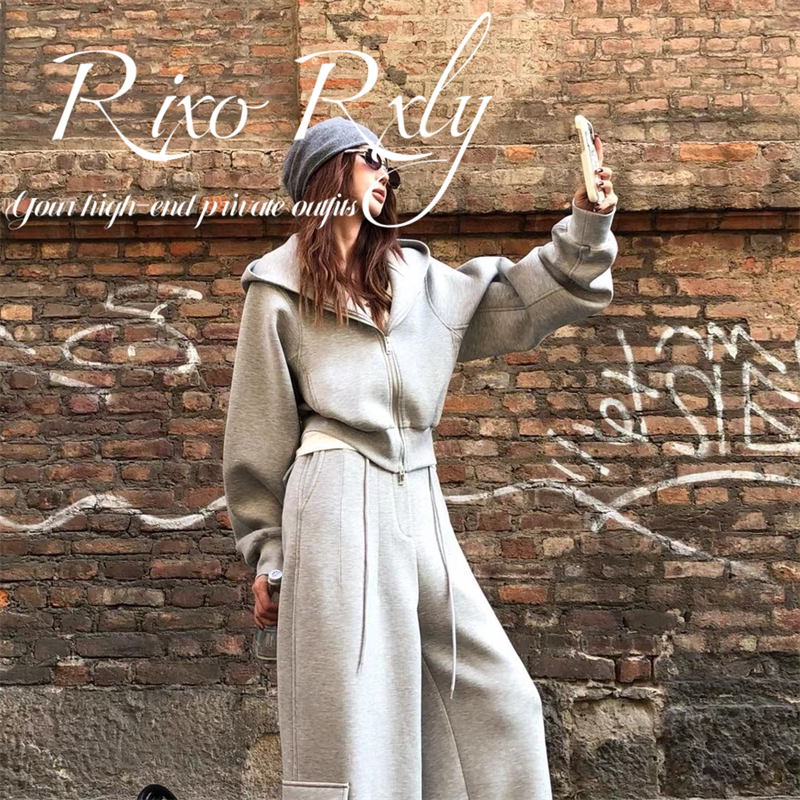 Rixo Rxly Gray Hooded Sweatshirt Casual Pants Suit for Women Autumn and Winter Niche Design Fashion Sports Suit