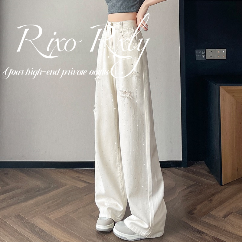 Rixo Rxly White Rhinestone Ripped Wide-Leg Jeans for Women, Summer Niche Design, High-Waisted, Slimming Casual Pants