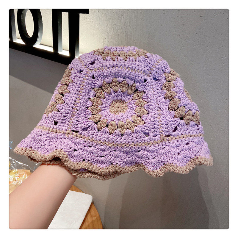 Daily Occasion Knit Material Women's Pastoral Color Block Flowers Wide Eaves Bucket Hat