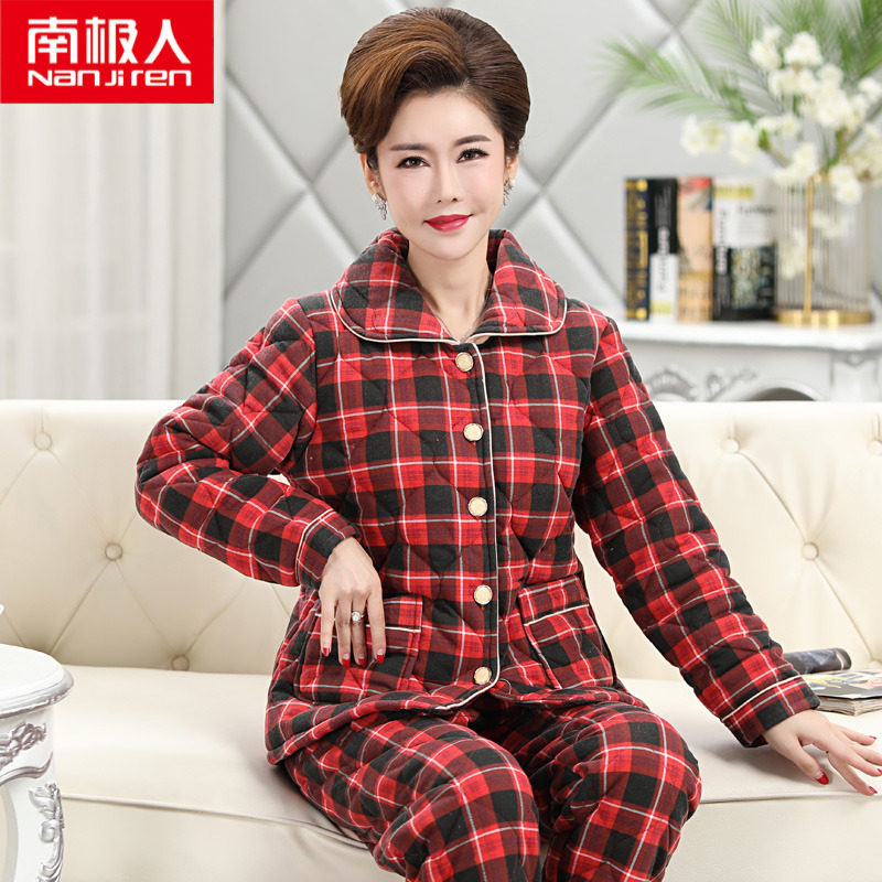 Pajamas Woman Winter Pure Cotton Clip Cotton Thickened Autumn Winter Cotton Jersey All-cotton Middle Aged Mother Elderly Warm Home Suit Suit