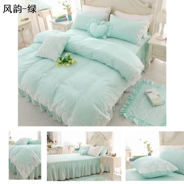 Yêu Địa Trung Hải theo phong cách Hàn Quốc bộ đồ giường màu xanh bông dệt giường bông Bốn hoạt động vững chắc - Bộ đồ giường bốn mảnh mền gối