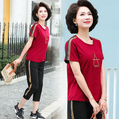 中老年夏装女两件套休闲运动套装新款宽松大码中年妈妈装短袖上衣