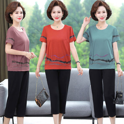 2021夏季新款妈妈装气质修身薄款T恤时尚中老年女宽松休闲两件套