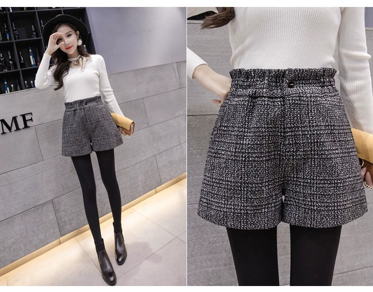 Mùa thu và mùa đông quần short kẻ sọc len nữ cộng với phân bón XL Nữ 220 pounds béo mm mặc quần cạp cao cạp cao